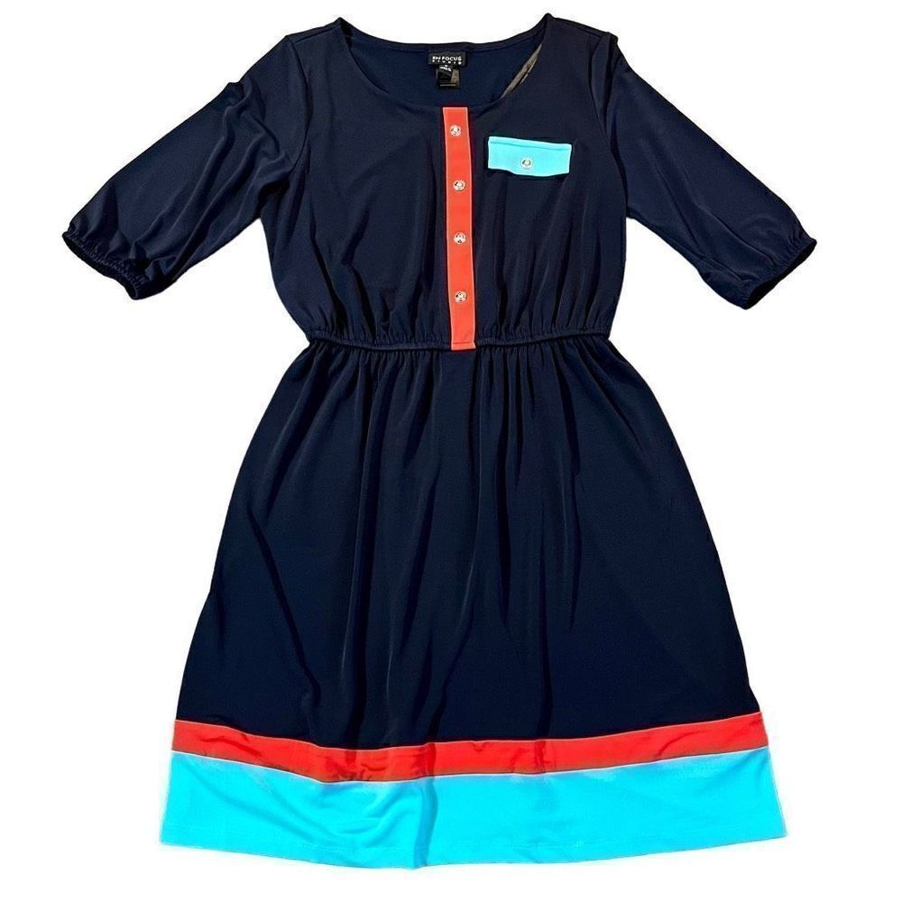 En Focus Studios Navy Color Block Elastic Waist Dress 8